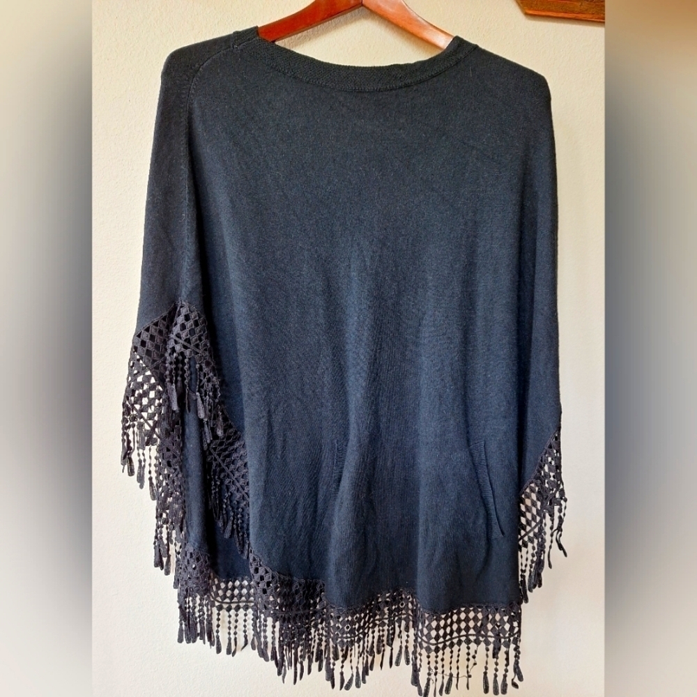 Soft Surroundings Womens Black Sweater Fringe Crocheted Poncho. One Size